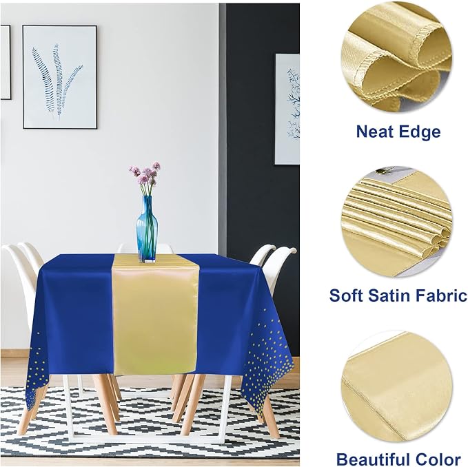 16Pack Disposable Plastic Tablecloths and Satin Table Runner Set Blue and Gold - Image 3