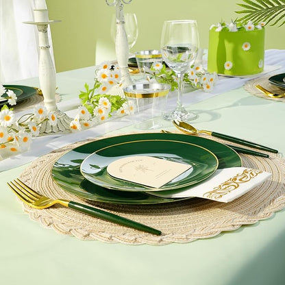 100 PCS Green Gold Plastic Plates, 7 inch Green Disposable Plates for Party, Disposable Dessert Plates for Party, Graduation, Birthday, Wedding