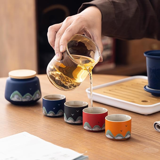 Portable Gongfu Tea Set with Travel Case, Ceramic Tea Set with Glass Teapot - Image 7