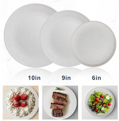Wrova Wheat straw bowl and plate sets of 40 with cups for kids - Unbreakable plastic dinnerware sets service for 8 - Microwave and Dishwasher safe dish sets for kitchen and camping. White