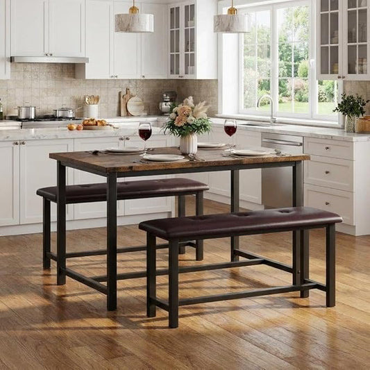 Garvee Dining Table with 2 Benches, Kitchen Table with 2 Upholstered Benches, 3 Piece Dining Table Set Space Saving for Apartment, Kitchen, 44.48" l x 27.58" w x 29.58" h, Rustic Brown