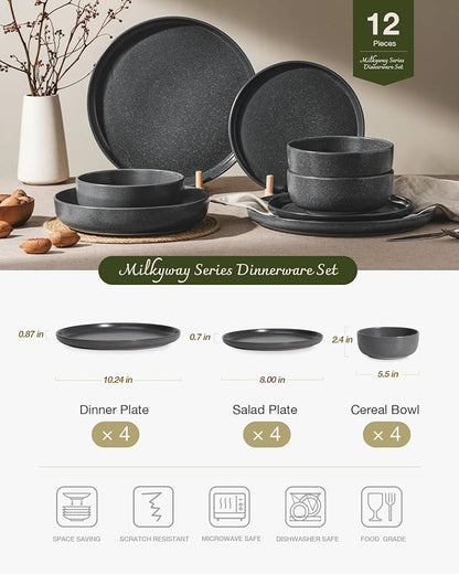Famiware Milkyway 12-Piece Stoneware Dinnerware Set, Matte Dark Charcoal | - Image 2