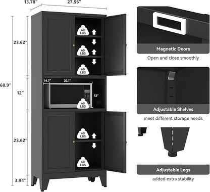Metal Pantry Storage Cabinet, 69" Tall Storoge Cabinet with 4 Doors & 3 Adjustable Shelves, Microwave Stand with Storage for Kitchen, Dining Room, Living Room (1PC,Black)
