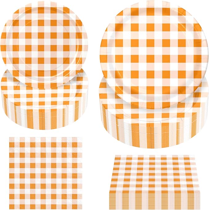 180Pcs Orange Gingham Party Supplies Paper Plates and Napkins Serve 60 | by Hpscdyo