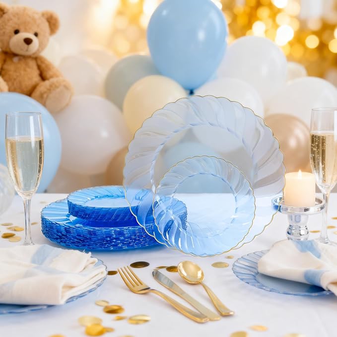 YOUBET 125PCS Clear Blue Gold Plastic Plates - Image 5