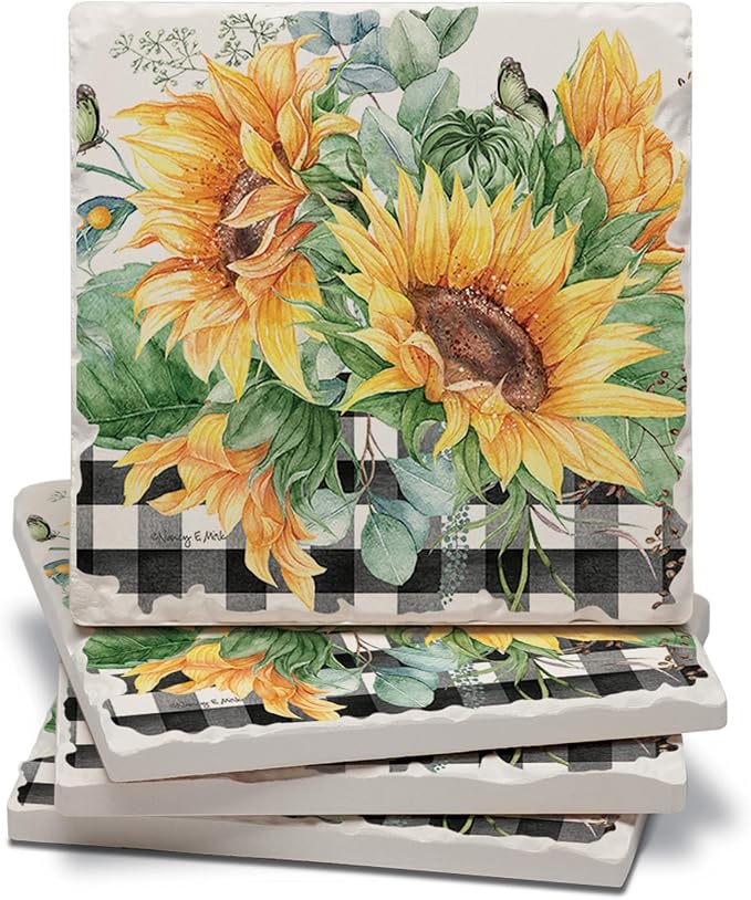 Thirstystone Sunflower Fields 4 Pack Tumbled Tile Stone Coasters | 4" Square by CounterArt