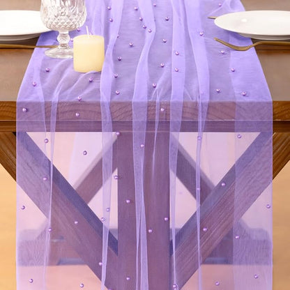 Pearl Table Runner Summer Tulle Gauze Sheer Wedding Party Home Decor | Purple - Image 5