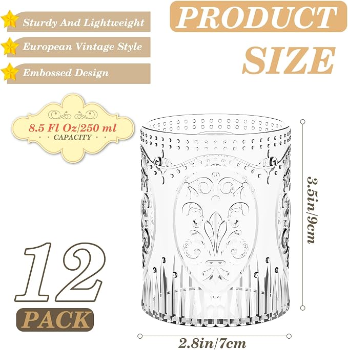 Qinyoung 12 Plastic Vintage Drinking Glasses 8.5oz Stemless Retro Embossed Wine - Image 2