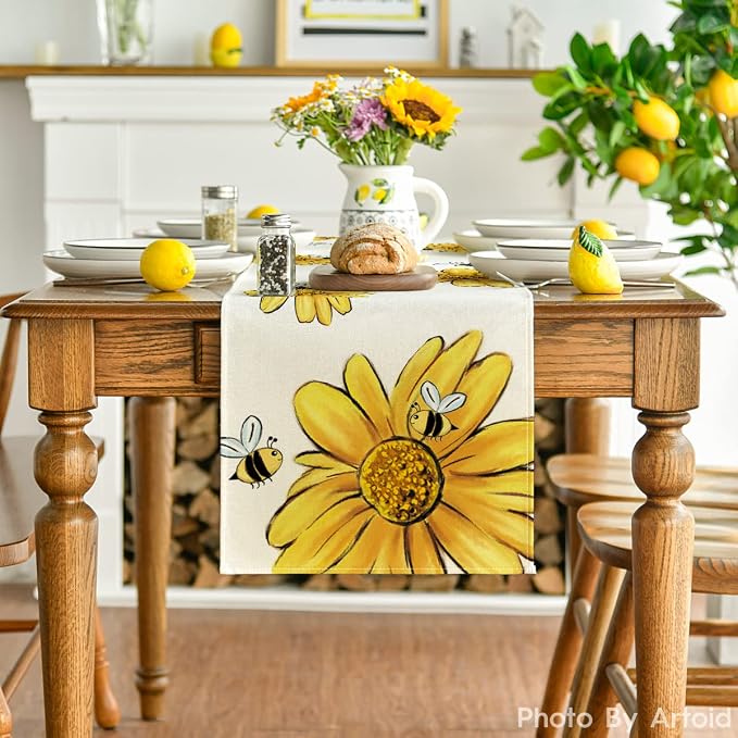Artoid Mode Beige Bee Sunflower Summer Table Runner, Seasonal Spring Flowers - Image 2