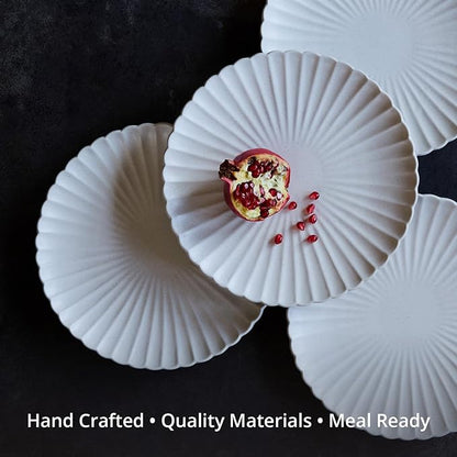 Goodies White Classic Flower Dinner Plates (Set of 4), Handmade Ceramic, Glazed, Dishwasher Safe, Microwave Safe, Petal Shaped Rim Design, Durable, Stackable, Elegant Dinnerware, 10 Inch