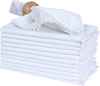 Bedding Craft Cotton Cloth Dinner Napkins Set of 12 – 18x18 Smart White with Decorative Lace Selvedge – Elegant Machine Washable Fabric Napkins for Weddings, Parties, Baby Showers & Table Décor