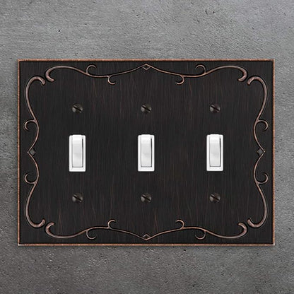 French Cabriole Decorative Wall Plate Switch Plate Outlet Cover (Triple Toggle, Aged Bronze)