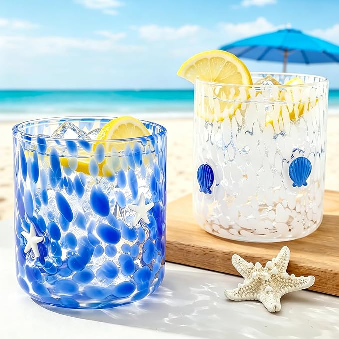 Whaline 2Pcs Ocean Icon Juice Glass 14 Oz Wine Glass White Dark Blue Seashell by Whaline