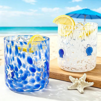 Whaline 2Pcs Ocean Icon Juice Glass 14 Oz Wine Glass White Dark Blue Seashell by Whaline