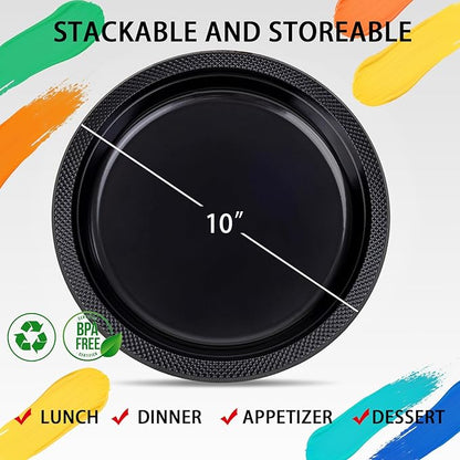 WELLIFE Black Plastic Plates 10 Inch -150 Count for Party, Plastic Disposable Dinner Plates for Easter Picnic BBQ