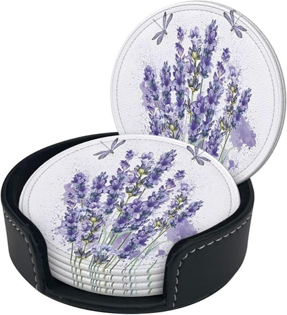 6 Pcs Lavender Flower Purple Floral Dragonfly Leather Coasters - Image 2