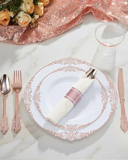 Goodluck 350 Piece Rose Gold Plastic Dinnerware Set for 50 Guests,Fancy Disposable Plates,Include: 100 Rose Gold Rim Plastic Plates,150 Silverwares,50 Pre Rolled Napkins,50 Cups for Party,Wedding