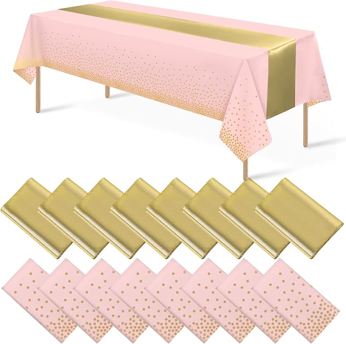 16Pack Disposable Plastic Tablecloths and Satin Table Runner Set Pink and Gold by MASHAN