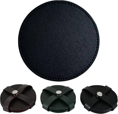 Genuine Leather, Premium Table Coasters by Leatherific, Round, 4 inch, Set of 6, with Holster, Handcrafted, Hand Made, Non Slip Drink Mats, Black (Onyx Black, 4")