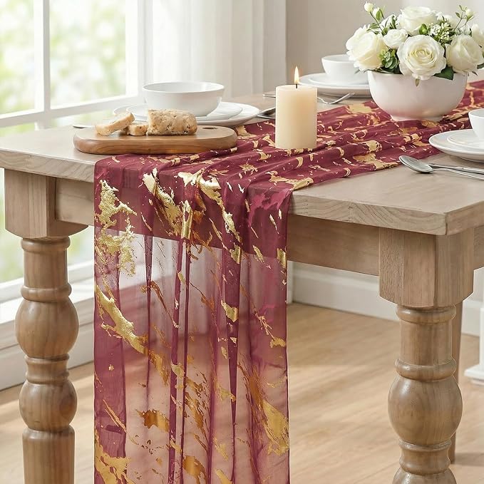 Artoid Mode Marble Pattern Burgundy Gauze Table Runner 10FT, Glitter Metallic - Image 5