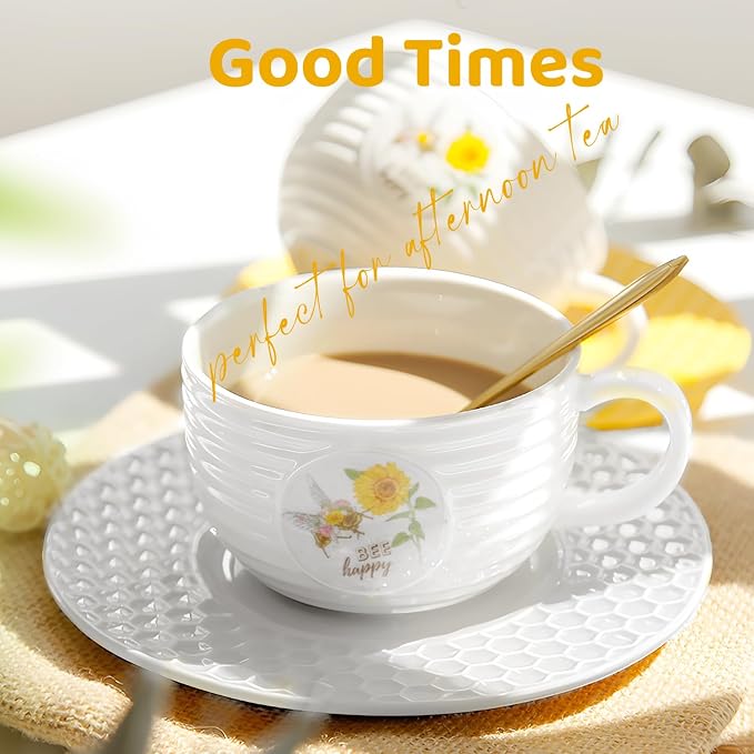 2 PCS Tea & Coffee Saucers, Honey Bee Pattern Ceramic Tea Plates Round Cup - Image 6