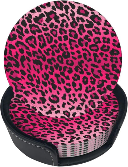 6 Pcs Pink Leopard Print Leather Coasters by NiuKom