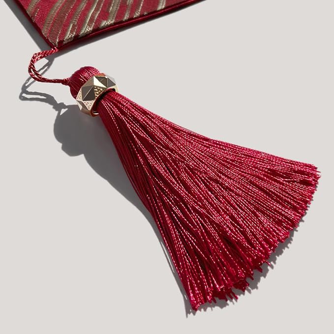 Elegant Modern Red Table Runner, Embroidery Geometric, Ring Tassels | Table - Image 3