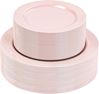 FLOWERCAT 100PCS Pink Plastic Plates - Heavy Duty Pink Party set Disposable serve for 50 guests -10 inch Dinner + 7 inch Dessert/Salad Plates for Easter,Birthday Party,Mother's Day