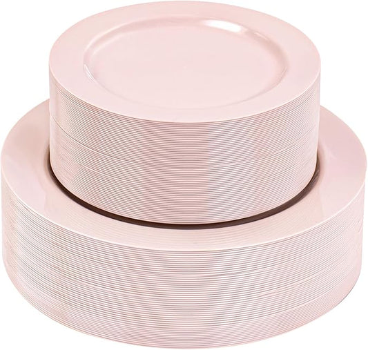 FLOWERCAT 100PCS Pink Plastic Plates - Heavy Duty Pink Party set Disposable serve for 50 guests -10 inch Dinner + 7 inch Dessert/Salad Plates for Easter,Birthday Party,Mother's Day