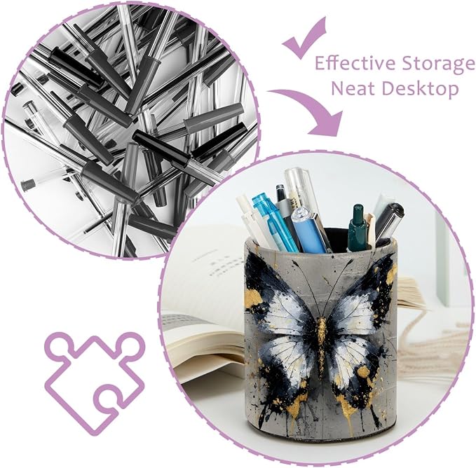 Leather Pen Holder for Desk, Watercolor Butterfly Pencil Cup Pen Organizer - Image 4