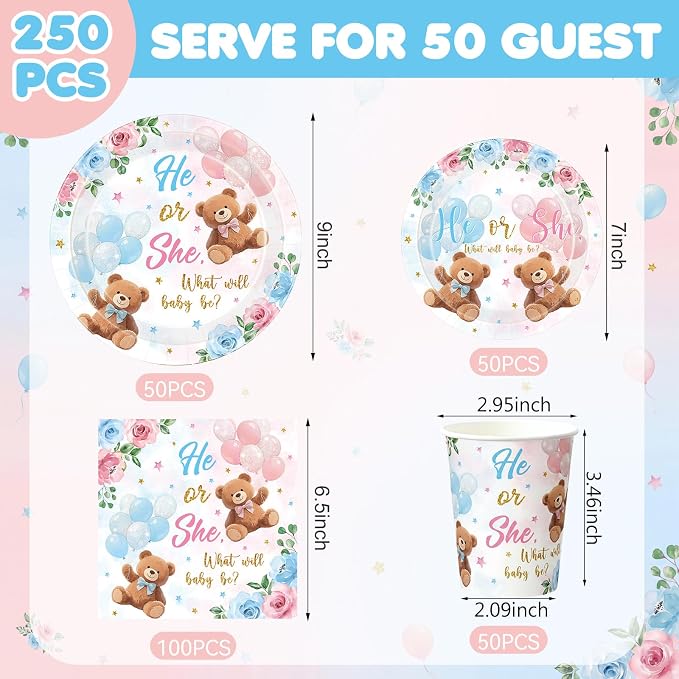 Funnymoom 250 Pcs Bear Gender Reveal Paper Plates and Napkins Party Supplies - Image 3