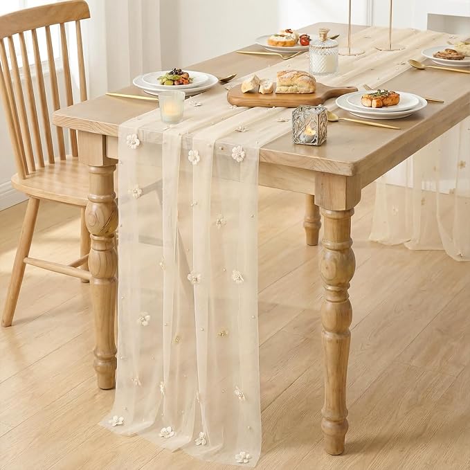 Artoid Mode Flower Pearl Peach Gauze Table Runner 10FT, Seasonal Sheer Dining - Image 8