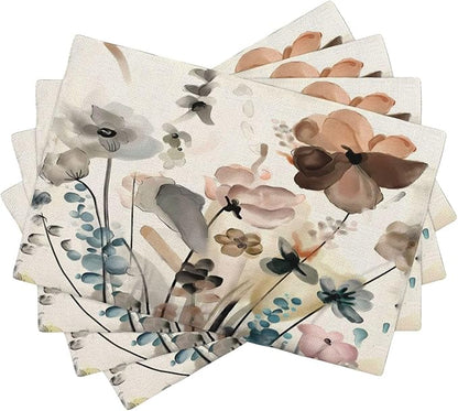 Floral Placemats 12x18 Inches Set of 4, Spring Summer Blue Brown Flower Decorative Rectangle Linen Table Mats for Party Home Kitchen Dining Table Decoration