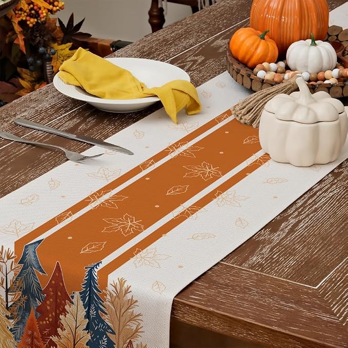 Fall Watercolor Trees & Maple Leaves Striped Table Runner 13x72 Inch, Rustic - Image 4