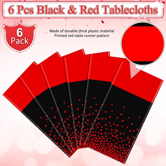 MASHAN 6Pcs Black and Red Tablecloth Party Decorations, Plastic Black Table - Image 4