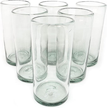 Clear 20 oz Tall Iced Tea Glasses (set of 6), Hand Blown Mexican Glassware, Recycled Glass Drinking Glasses, Lead-Free, Cocktail Margarita Glasses, Wine Glasses, Shot Glasses, Whiskey Glasses (IceTea)