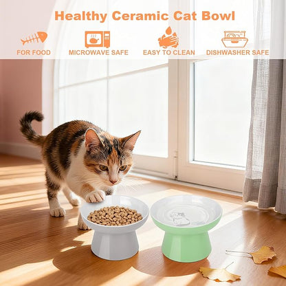 Elevated Cat Bowls,2 Pcs Ceramic Raised Cat Food Bowls with Non-Slip Base,Whisker-Friendly Shallow Design,Lead & Cadmium Free Pet Feeder,Dishwasher and Microwave Safe (Green&Light-Grey)
