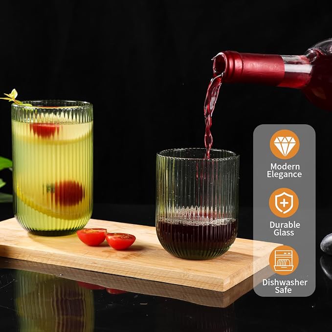 Set of 8 Ribbed Glassware, 4 Highball Glasses 14oz & 4 Rocks Drinking Glasses - Image 8