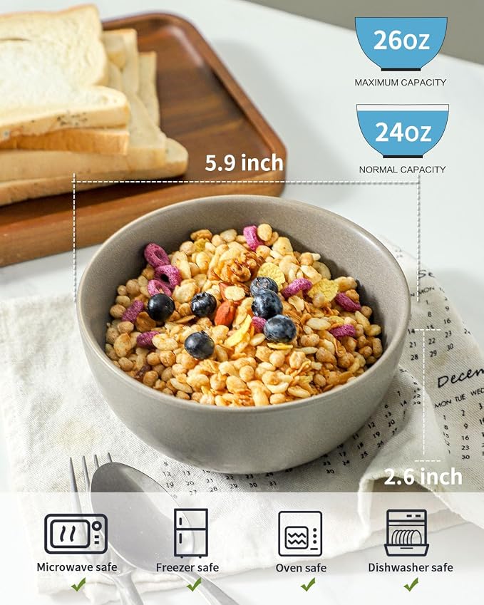 Cereal Bowls Set of 4, 24 oz Ceramic Bowls - Image 2