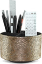 lizimandu Round Leather Art Supply Organizer,Remote Control Holder,360 Degree Spinning,Multi-Functional Pencil Holder,4 Compartments Desktop Stationary Organizer(1-Gold)