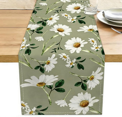 Olive Green Daisy Flowers Spring Table Runner, Table Runners 72 Inches Long | by Unknown