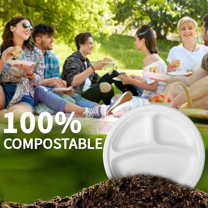 9 Inch 3 Compartment Paper Plates 【White 150 Pack】, Compostable Divided Plates, 100% Sugarcane Bagasse, Heavy Duty Disposable Plates for Lunch, Salad, BBQ, Picnic