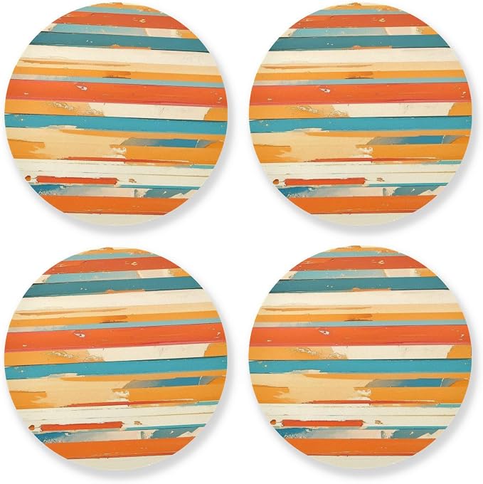 Red Stripes 4 Piecing Set Round Drink Coaster Cork Trivets by KLL