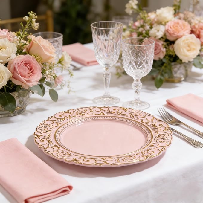 Pink Charger Plates with Gold Embossed Rim, Plate Chargers - Image 7