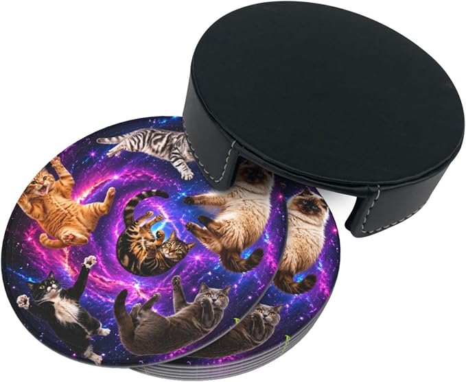 Cosmic Galaxy Cat Art Leather Coasters Set of 6 - Image 3