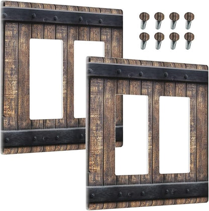 Outlet Covers Rustic Barn Door Vintage Country Wood Board 2 Gang Light Switch Cover Double Rocker Wall Plate Decorative GFCI Receptacle Electrical Switchplate for Farmhouse Cabin Decor（2 Pack）