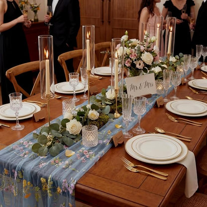 Blue Floral Table Runner 10ft Embroidery Tulle Spring Wildflower Table Runner - Image 7