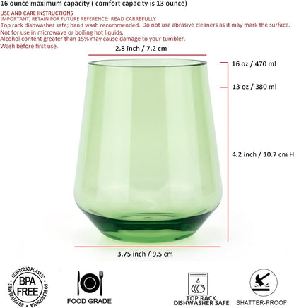 KX-WARE Unbreakable 16-ounce Acrylic Stemless Wine Glasses All Purpose Plastic Tumbler, set of 6 Multicolor Dishwasher Safe BPA Free Classic Style