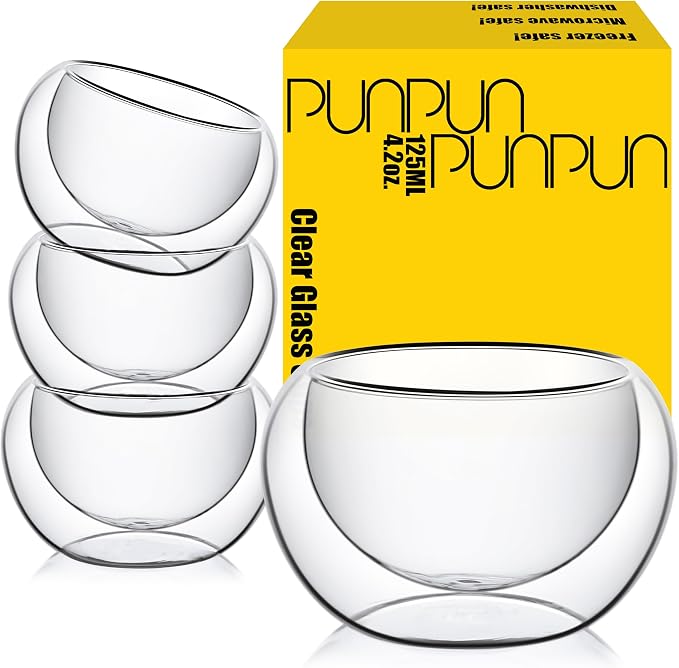 PunPun 4.2oz. 125ml Tea Cups Set of 4, Double Walled Glass Cups by PunPun