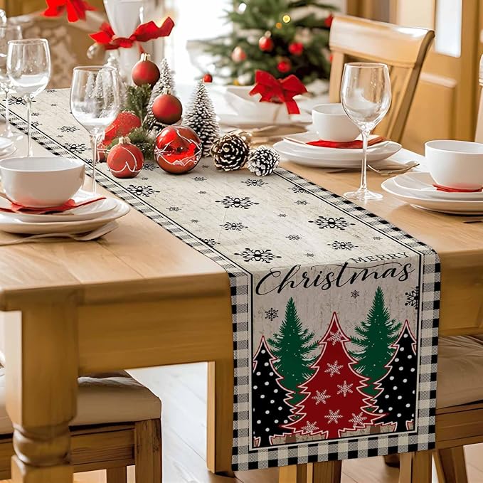 Christmas Trees Table Runner 72 Inches Long, Xmas Snowflake Retro Table Runners - Image 9